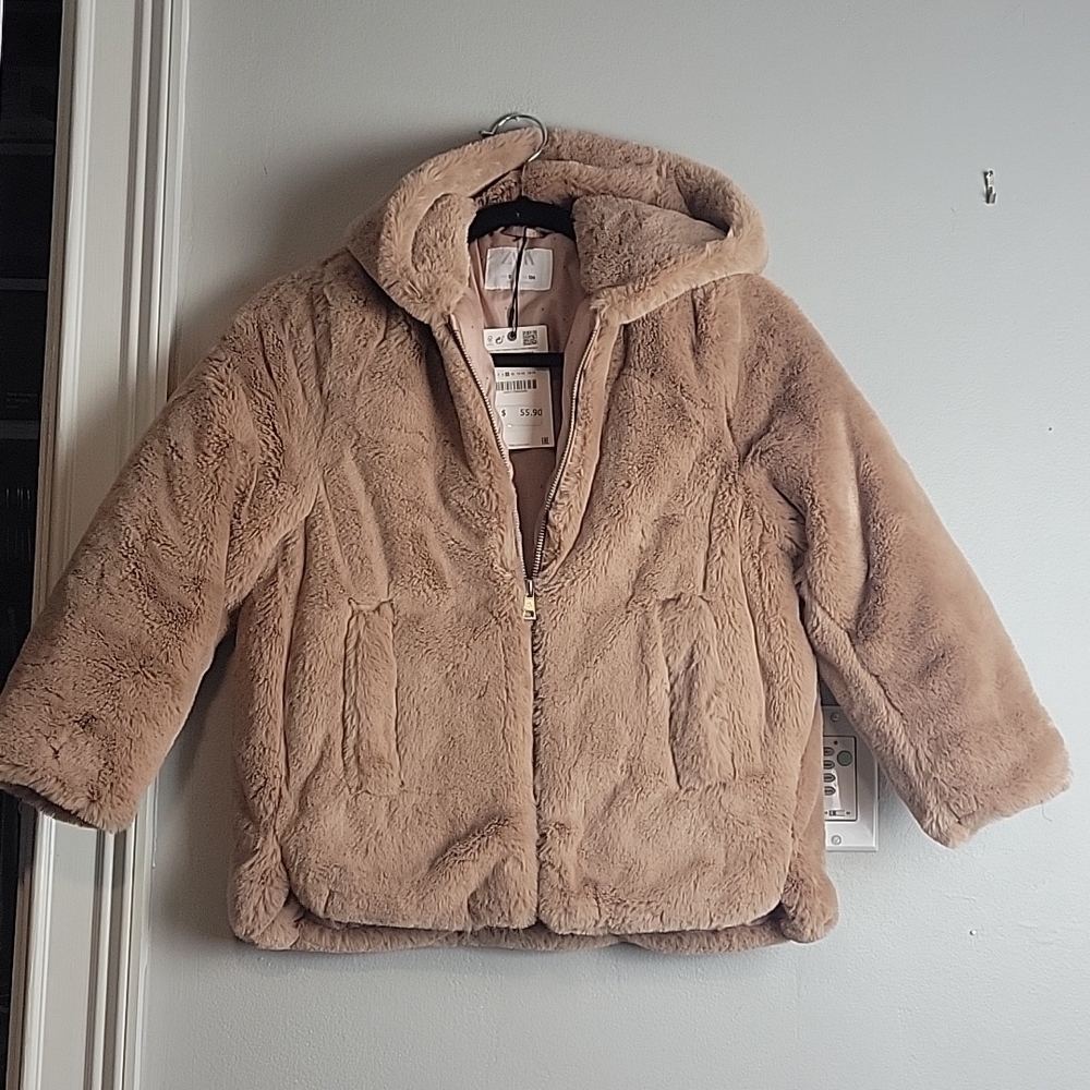 Zara-KIDS-Pink Faux Fur Hooded Coat-Size 9